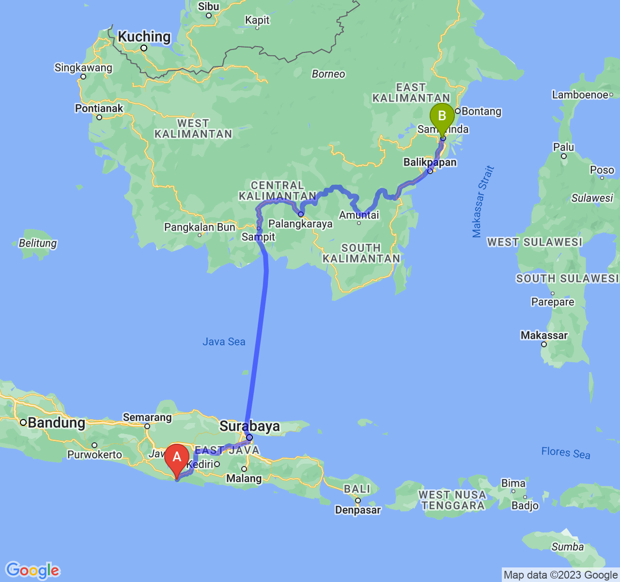 rute perjalanan Kab. Pacitan-Kota Samarinda