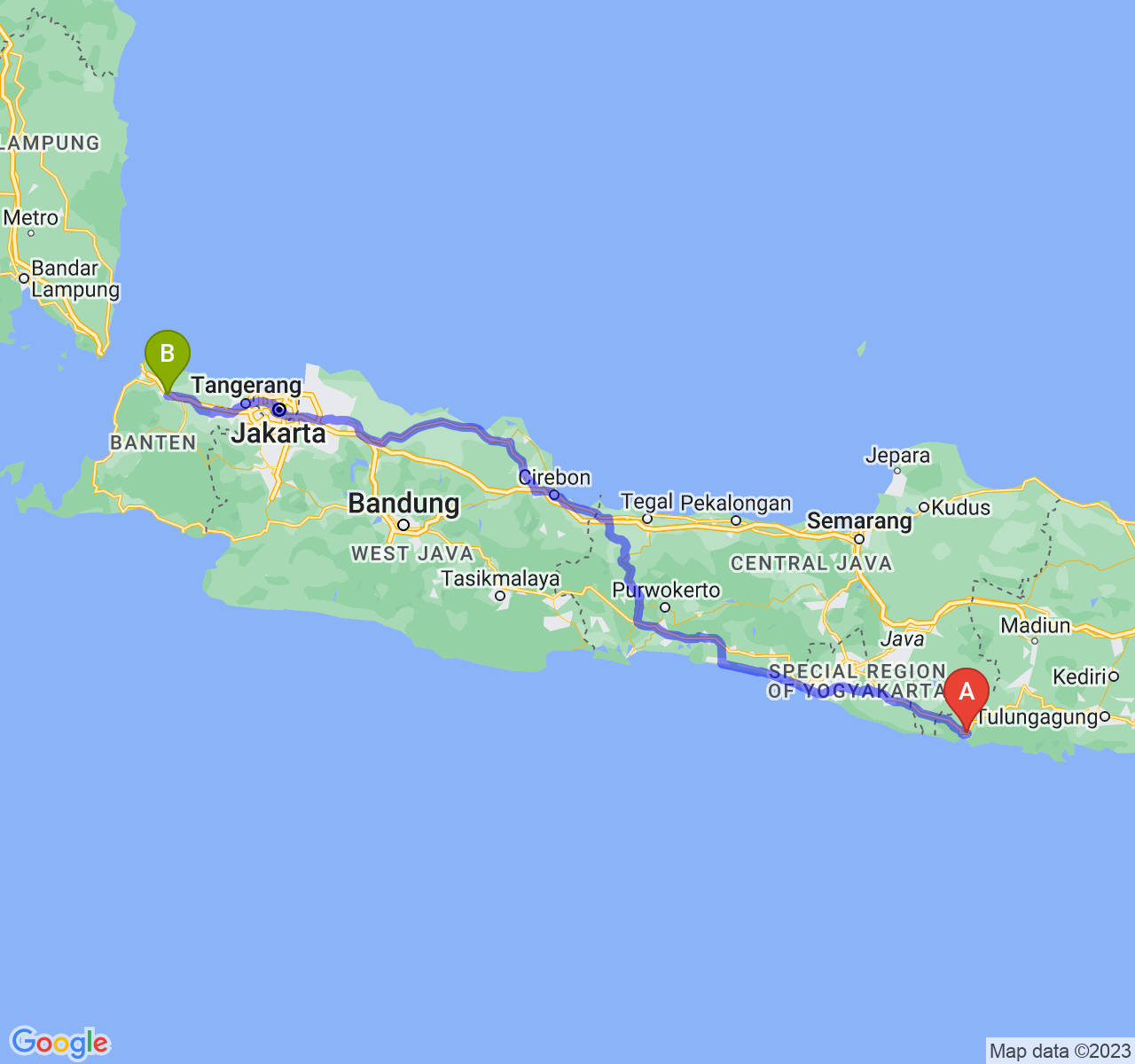 rute perjalanan Kab. Pacitan-Kota Serang