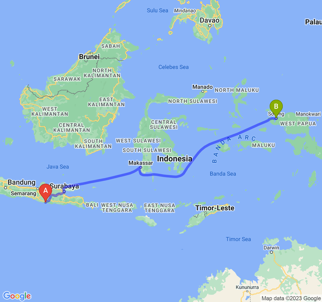 rute perjalanan Kab. Pacitan-Kota Sorong