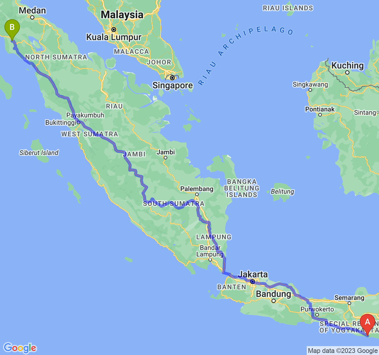 rute perjalanan Kab. Pacitan-Kota Subulussalam