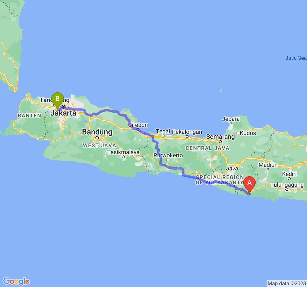 rute perjalanan Kab. Pacitan-Kota Tangerang Selatan