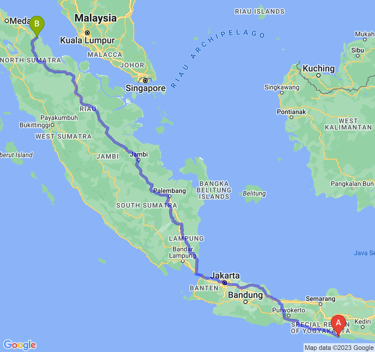 rute perjalanan Kab. Pacitan-Kota Tanjung Balai