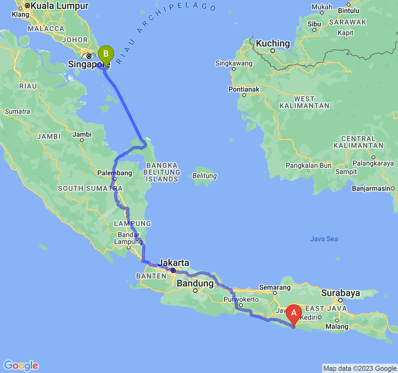 rute perjalanan Kab. Pacitan-Kota Tanjungpinang