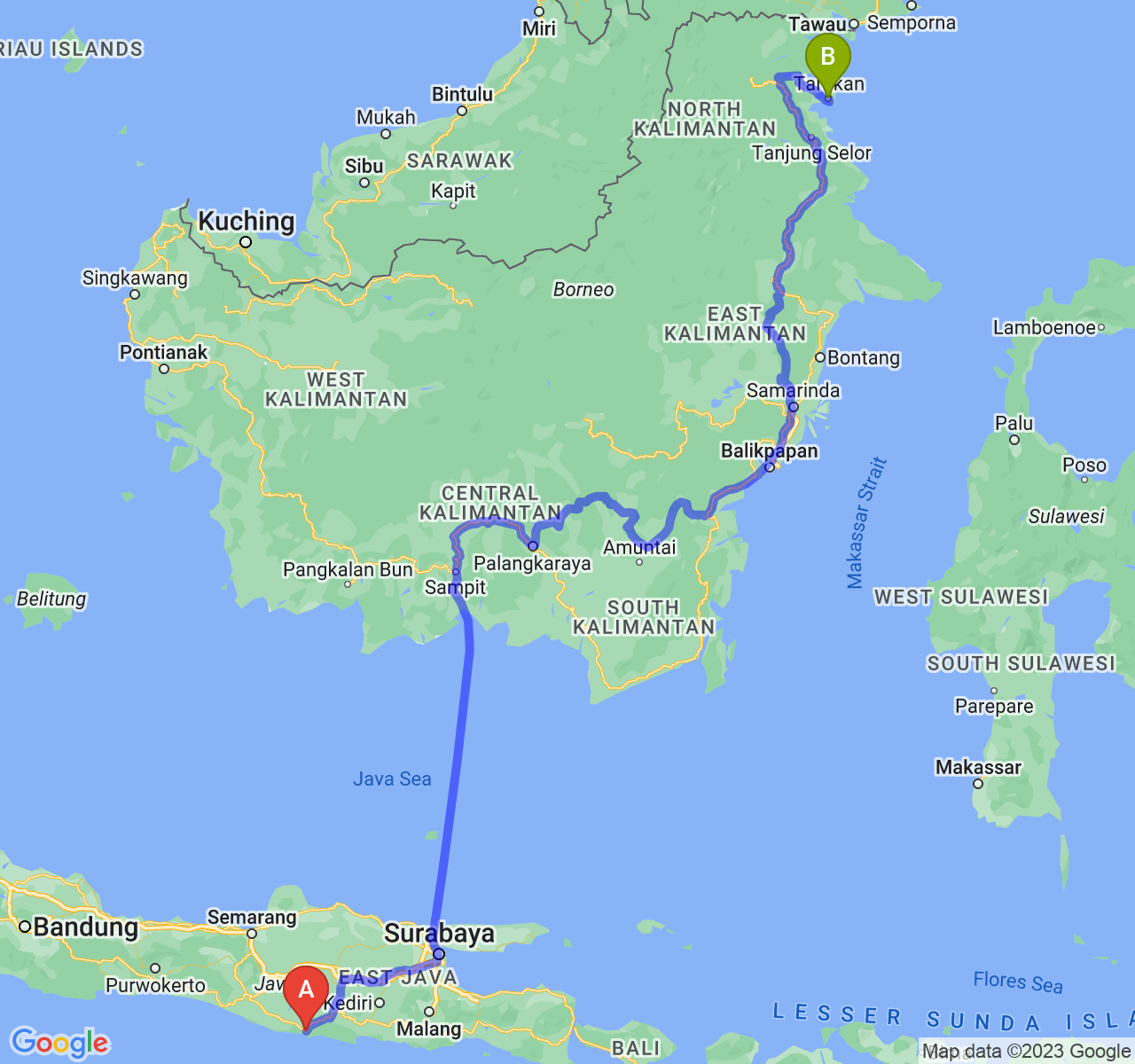 rute perjalanan Kab. Pacitan-Kota Tarakan