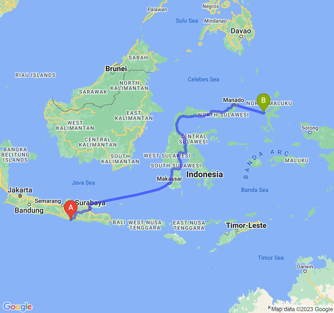 rute perjalanan Kab. Pacitan-Kota Ternate