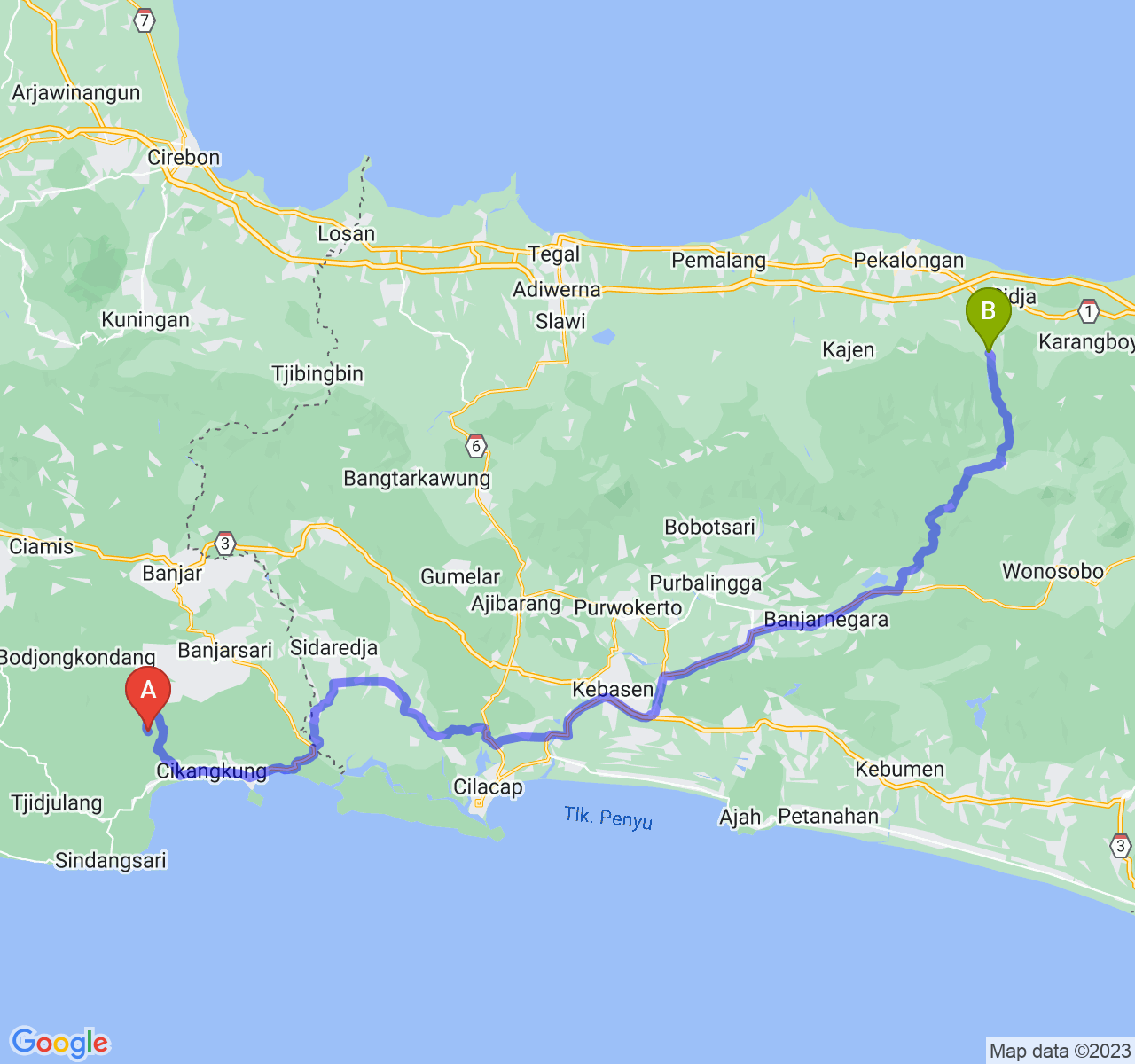 rute perjalanan Kab. Pangandaran-Kab. Batang