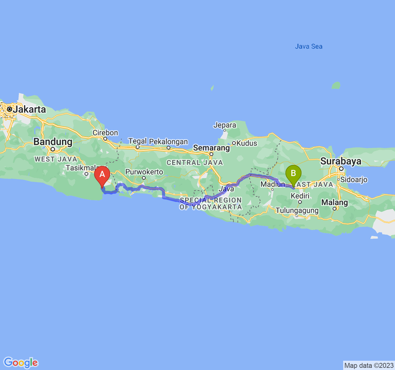 rute perjalanan Kab. Pangandaran-Kab. Nganjuk