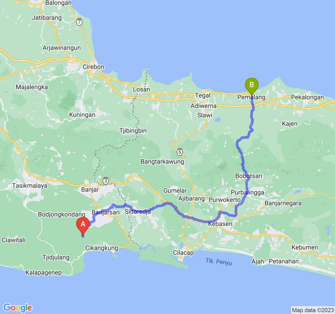 rute perjalanan Kab. Pangandaran-Kab. Pemalang