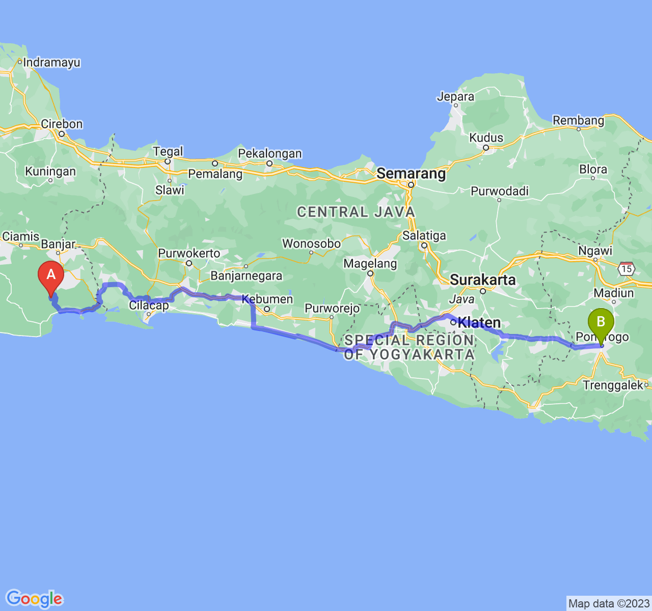 rute perjalanan Kab. Pangandaran-Kab. Ponorogo