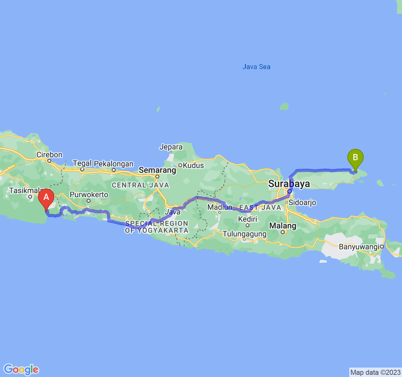 rute perjalanan Kab. Pangandaran-Kab. Sumenep