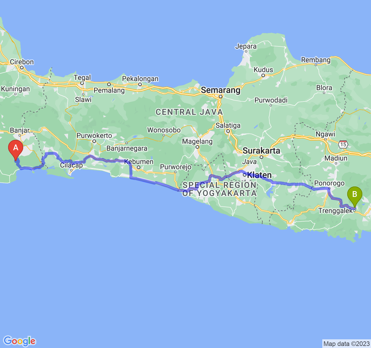 rute perjalanan Kab. Pangandaran-Kab. Trenggalek