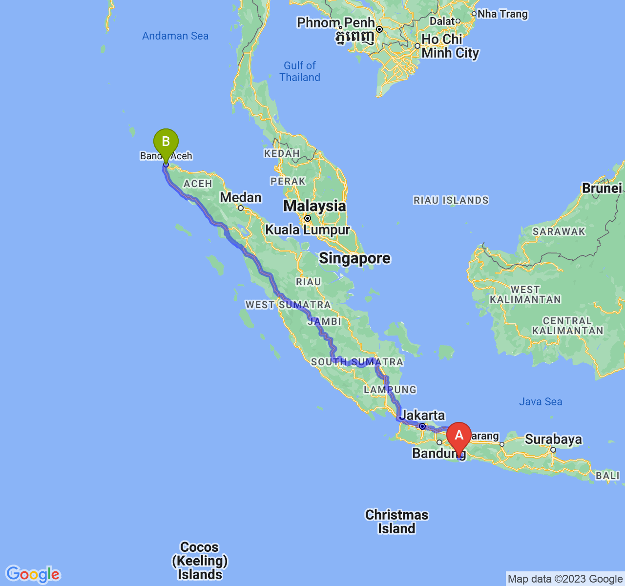 rute perjalanan Kab. Pangandaran-Kota Banda Aceh