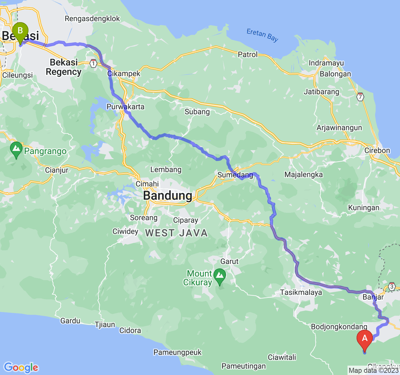 rute perjalanan Kab. Pangandaran-Kota Bekasi