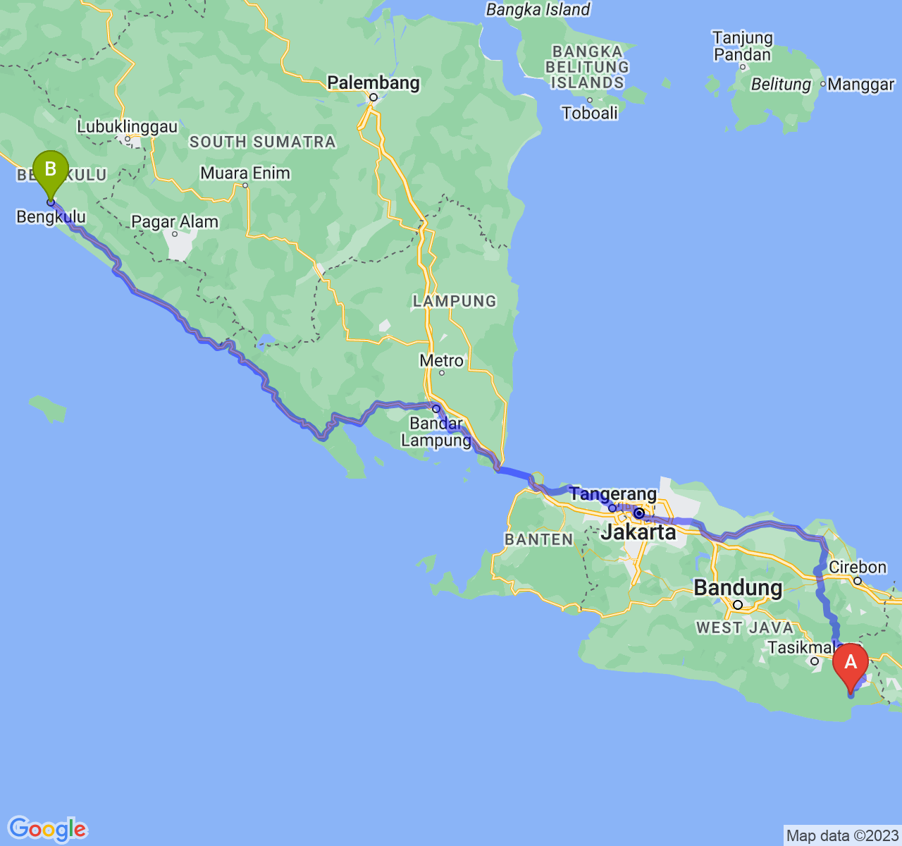 rute perjalanan Kab. Pangandaran-Kota Bengkulu