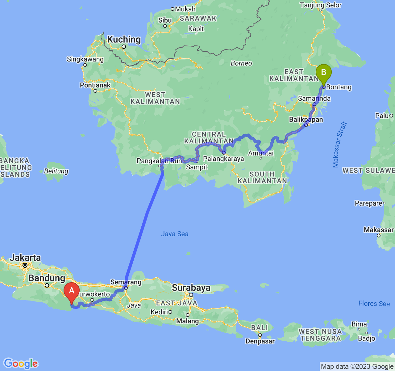 rute perjalanan Kab. Pangandaran-Kota Bontang