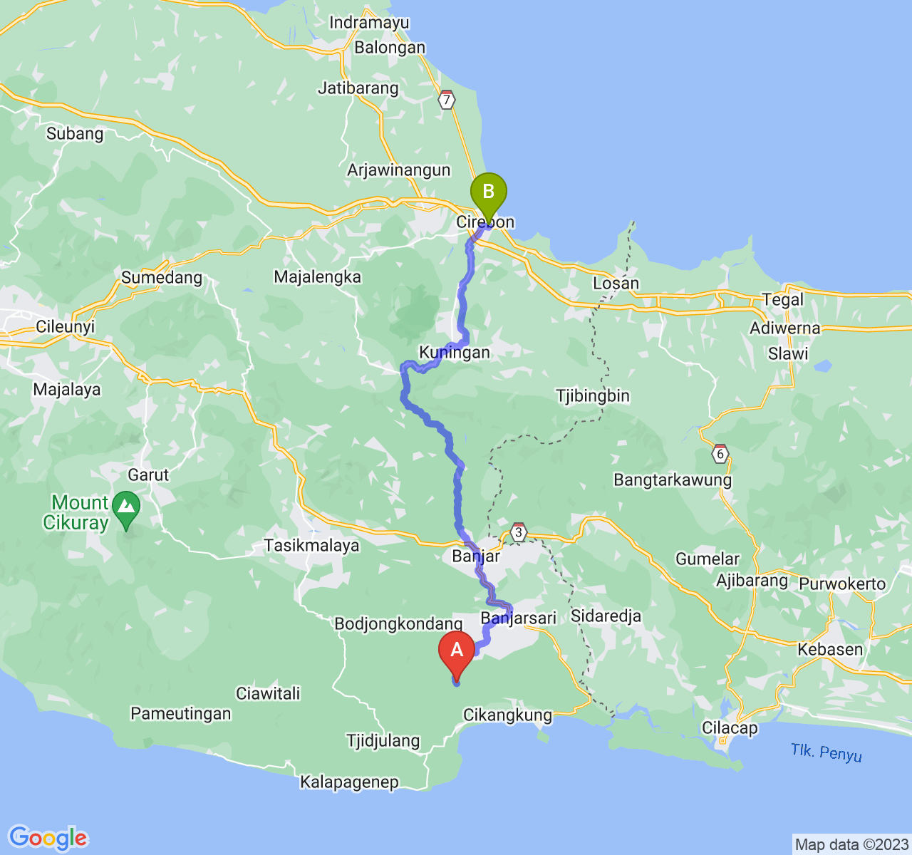 rute perjalanan Kab. Pangandaran-Kota Cirebon