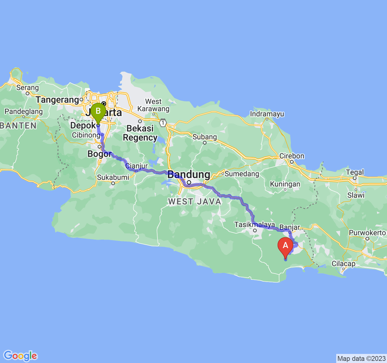 rute perjalanan Kab. Pangandaran-Kota Depok