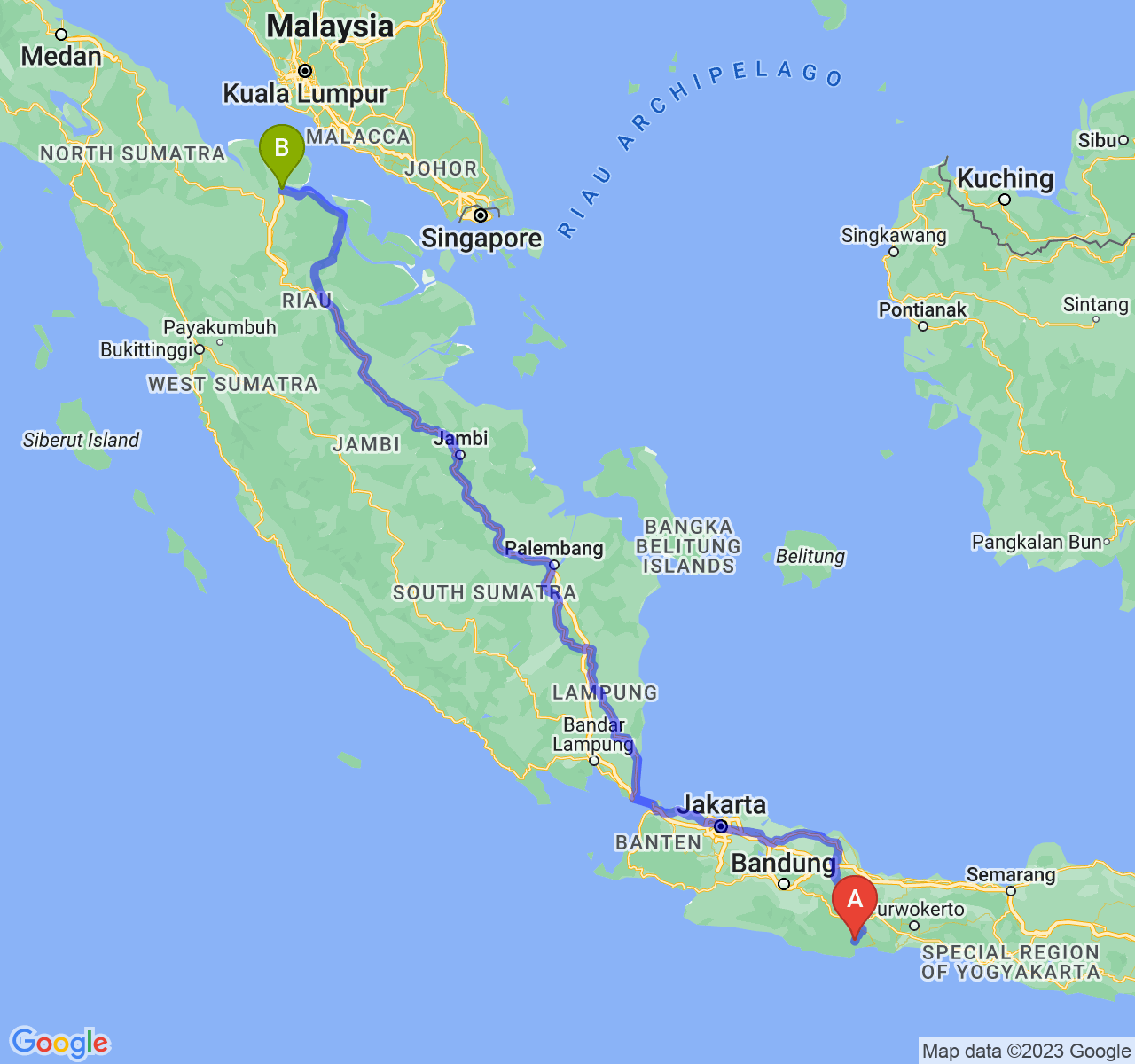 rute perjalanan Kab. Pangandaran-Kota Dumai