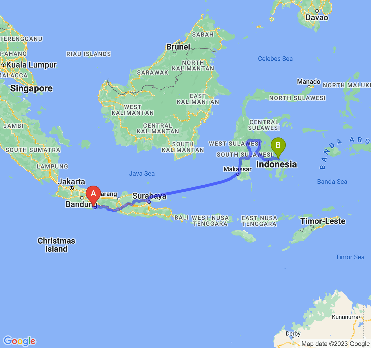 rute perjalanan Kab. Pangandaran-Kota Kendari