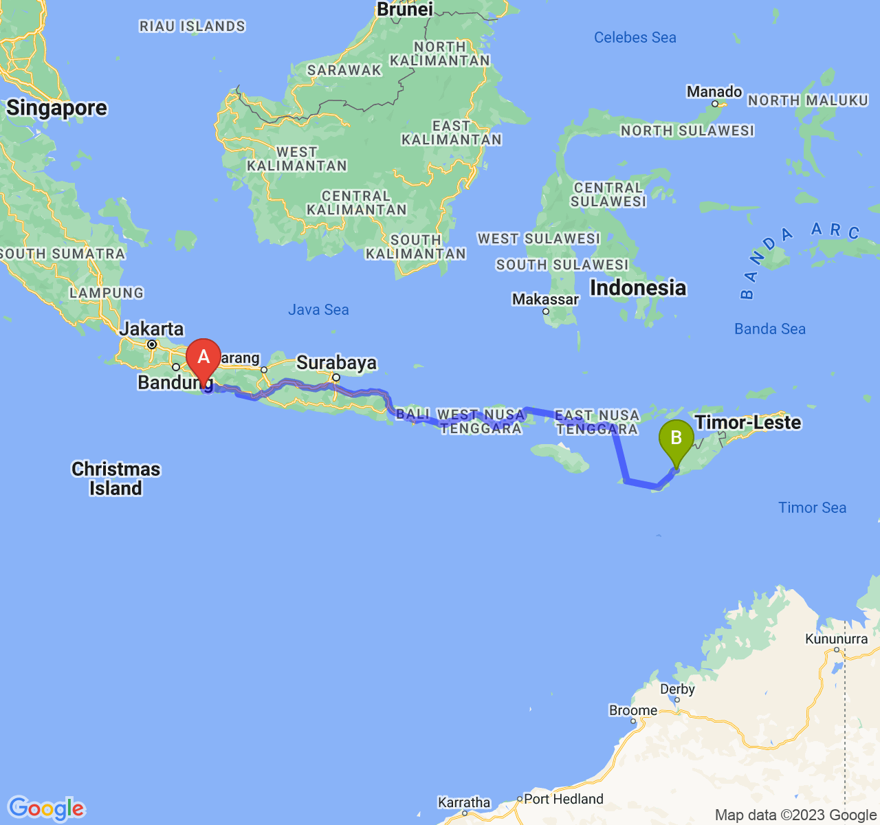 rute perjalanan Kab. Pangandaran-Kota Kupang