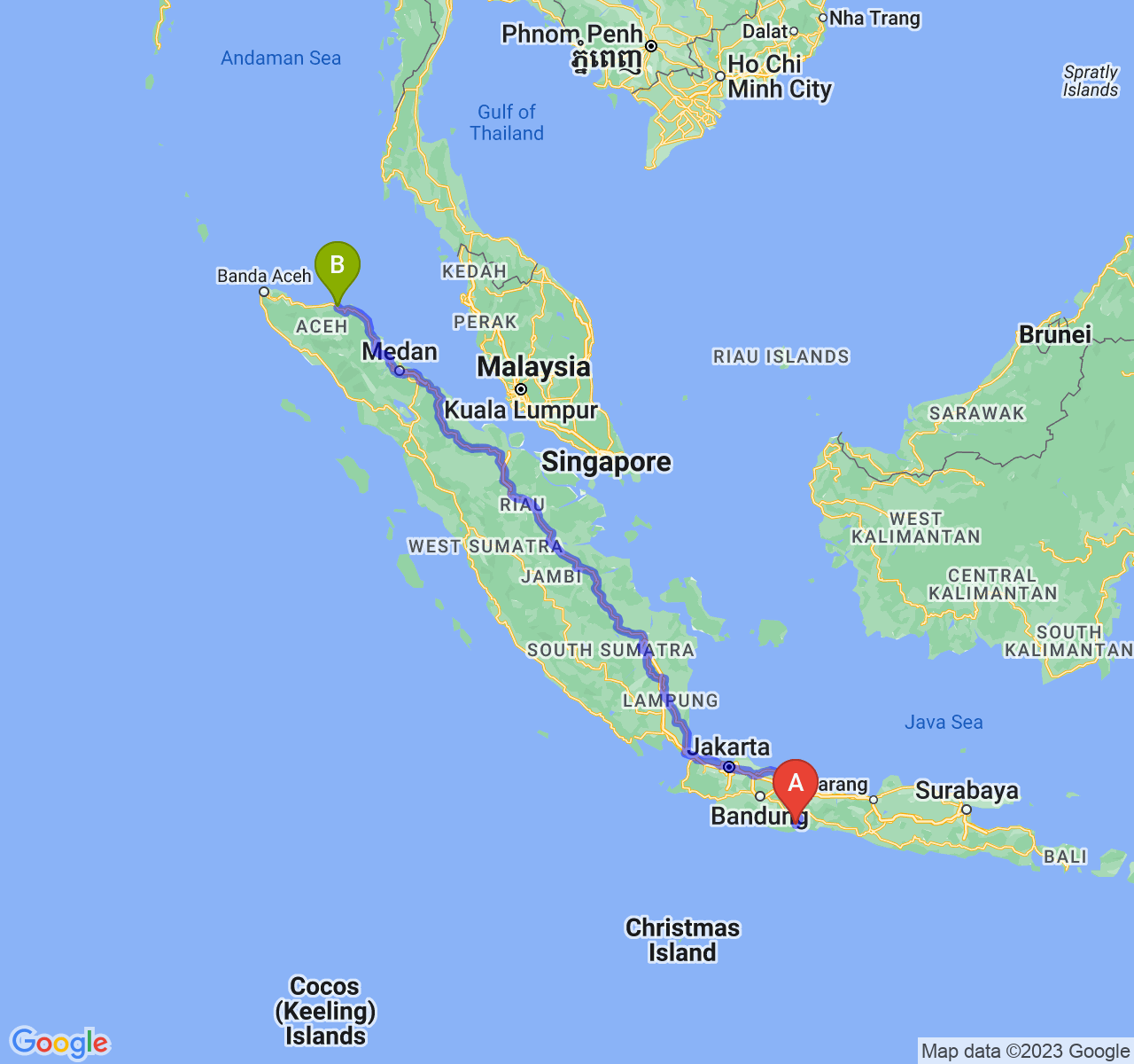 rute perjalanan Kab. Pangandaran-Kota Lhokseumawe