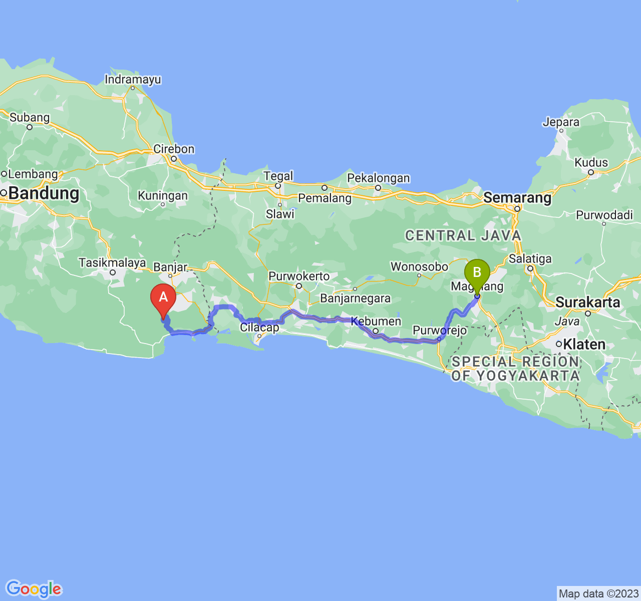 rute perjalanan Kab. Pangandaran-Kota Magelang