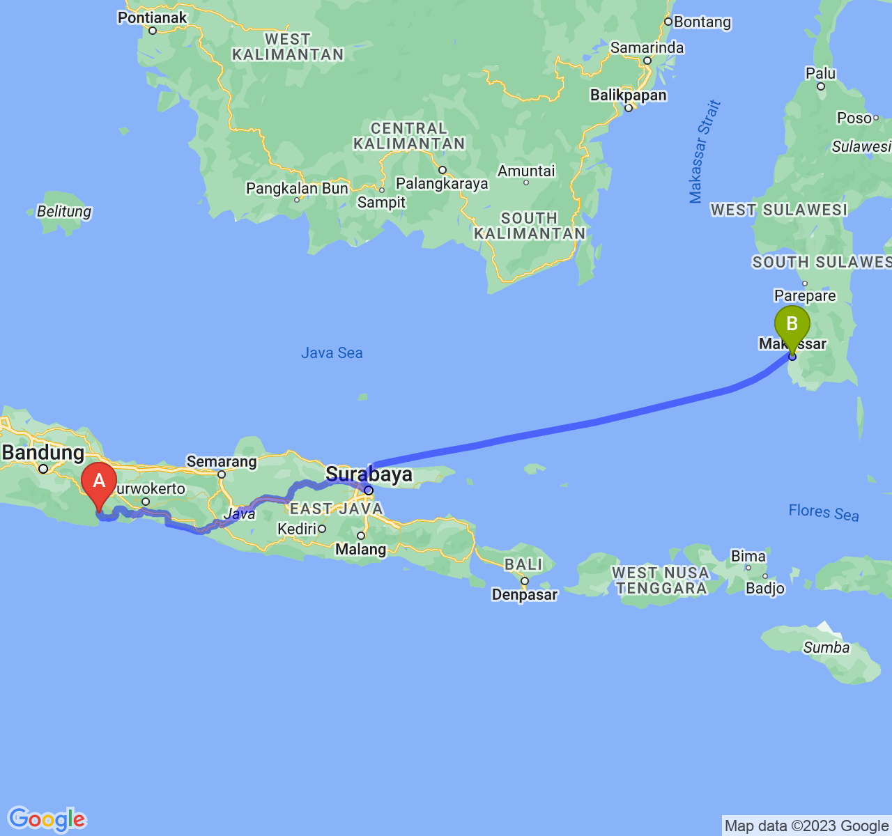 rute perjalanan Kab. Pangandaran-Kota Makassar