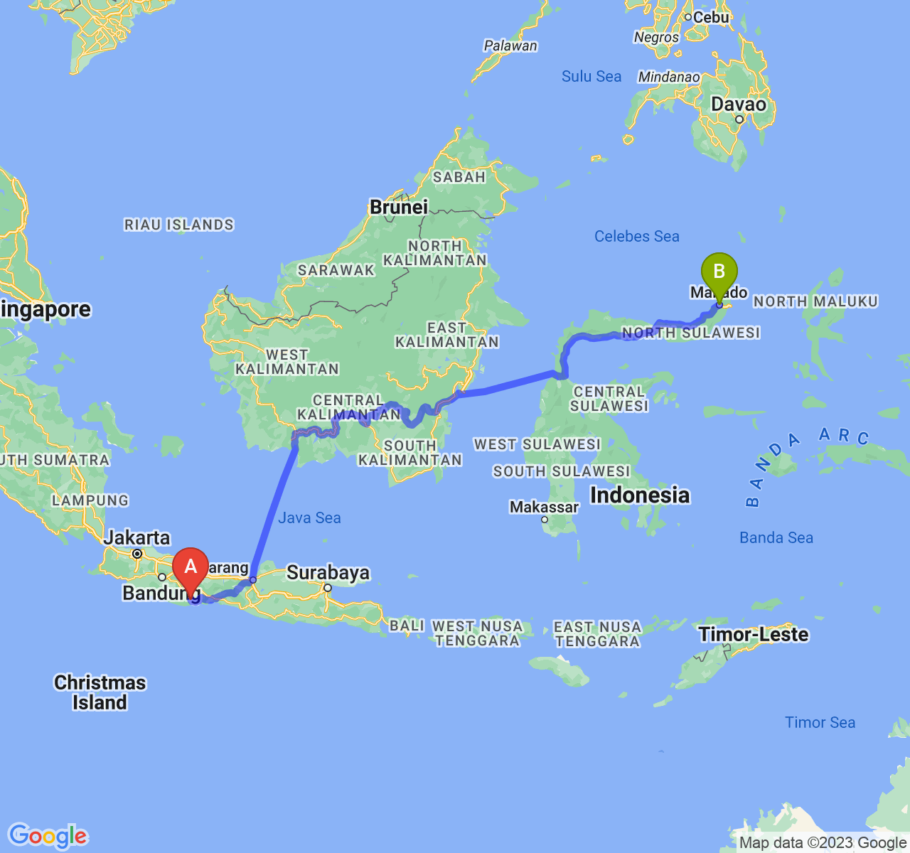 rute perjalanan Kab. Pangandaran-Kota Manado