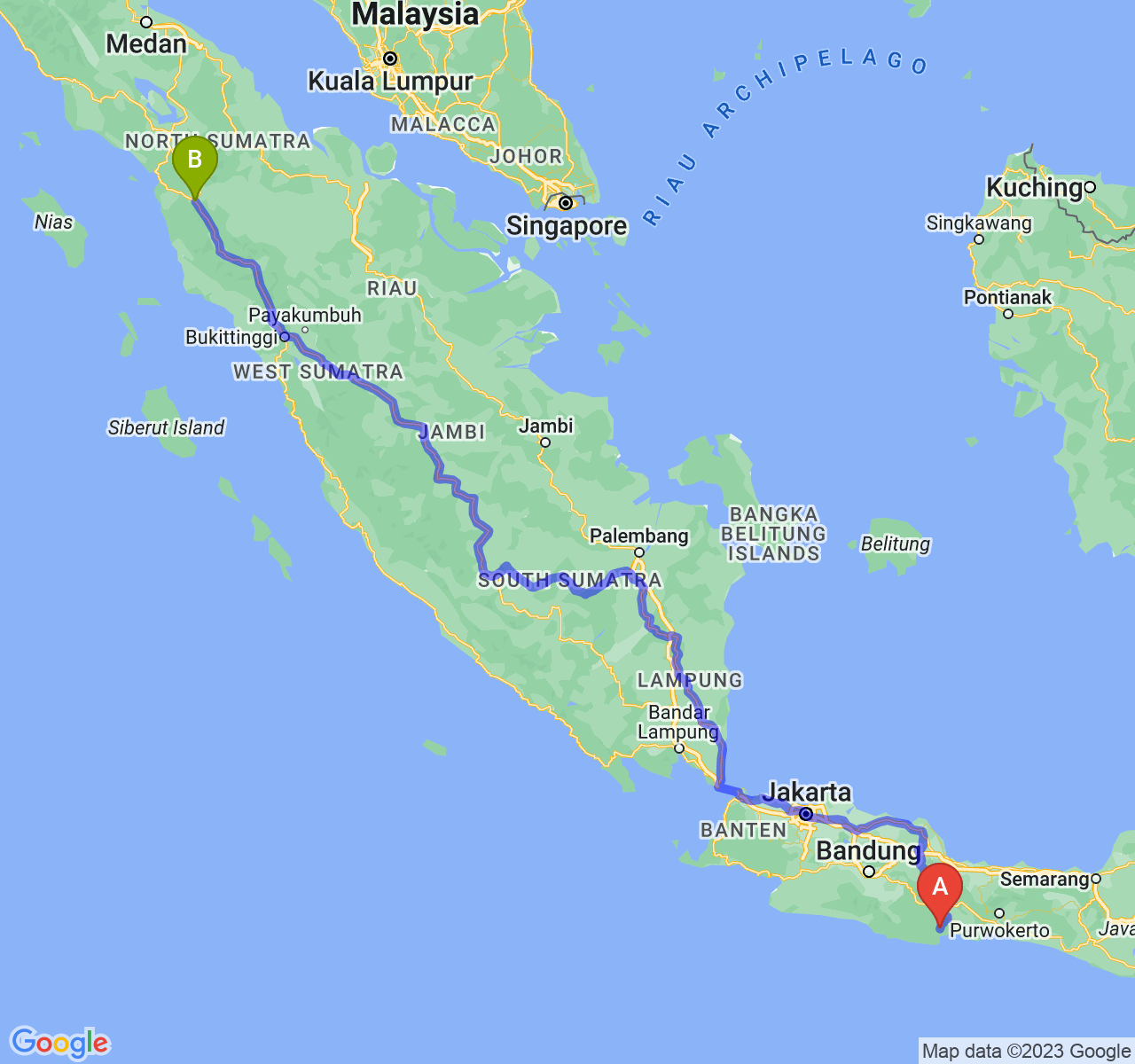 rute perjalanan Kab. Pangandaran-Kota Padang Sidimpuan