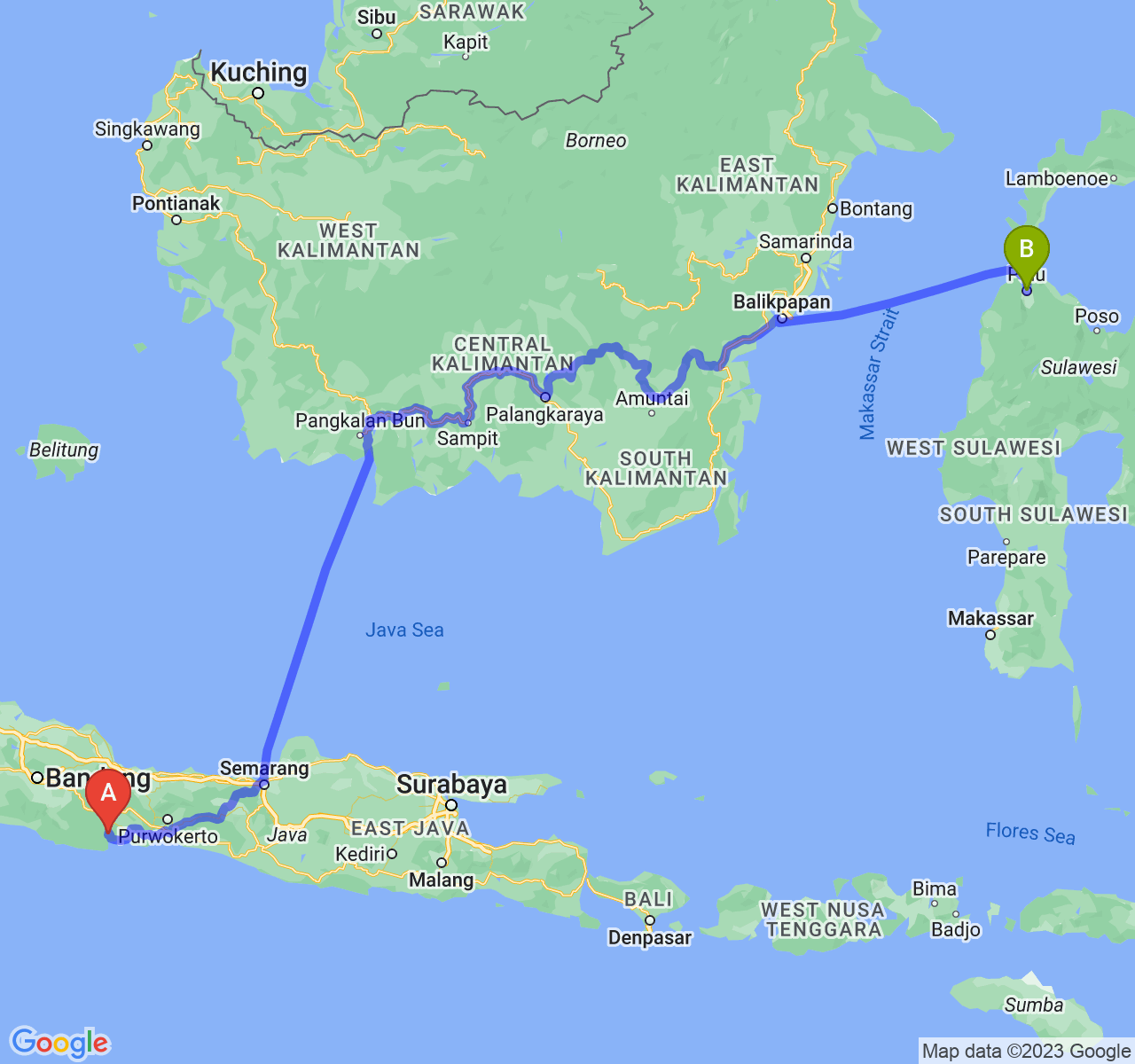 rute perjalanan Kab. Pangandaran-Kota Palu