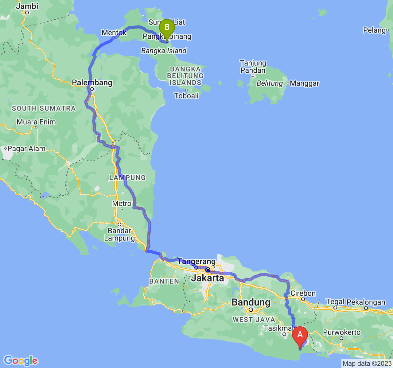 rute perjalanan Kab. Pangandaran-Kota Pangkalpinang