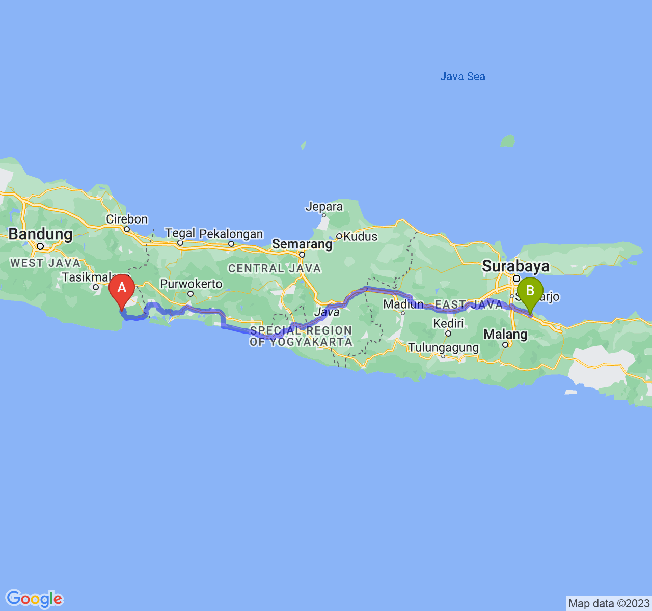 rute perjalanan Kab. Pangandaran-Kota Pasuruan