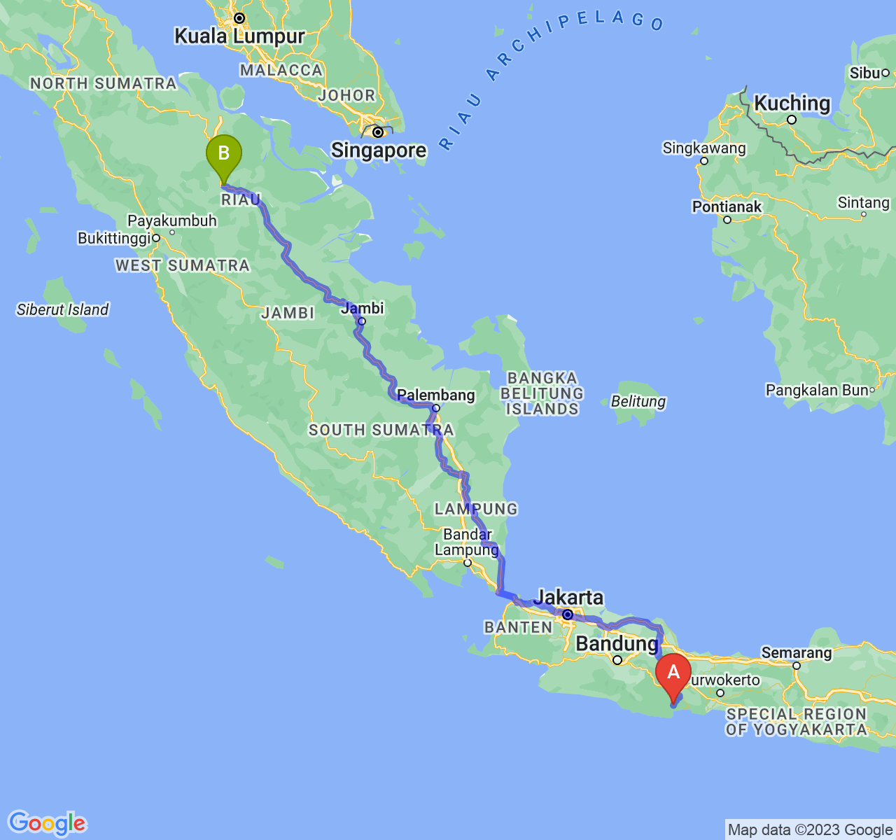 rute perjalanan Kab. Pangandaran-Kota Pekanbaru