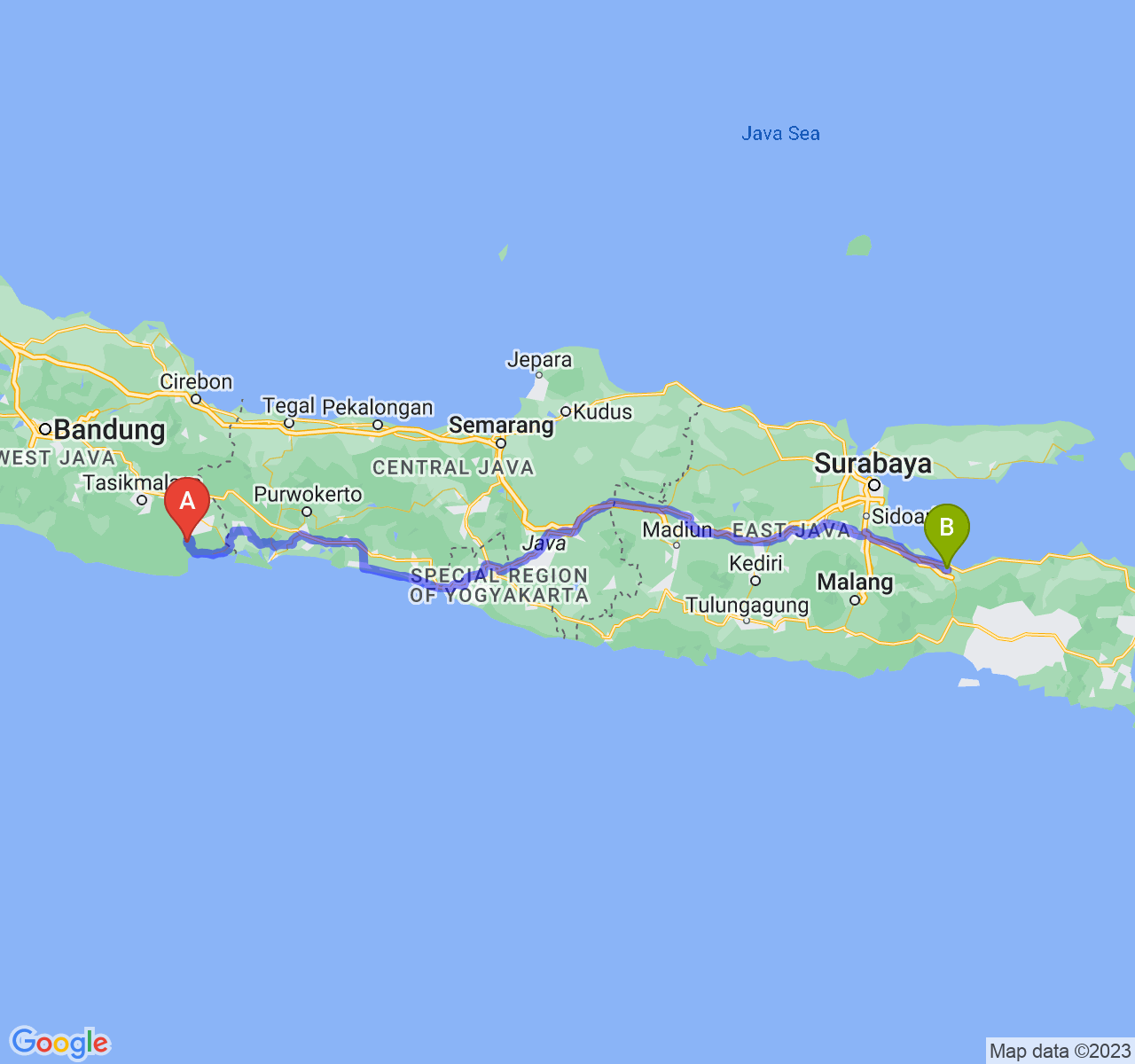 rute perjalanan Kab. Pangandaran-Kota Probolinggo