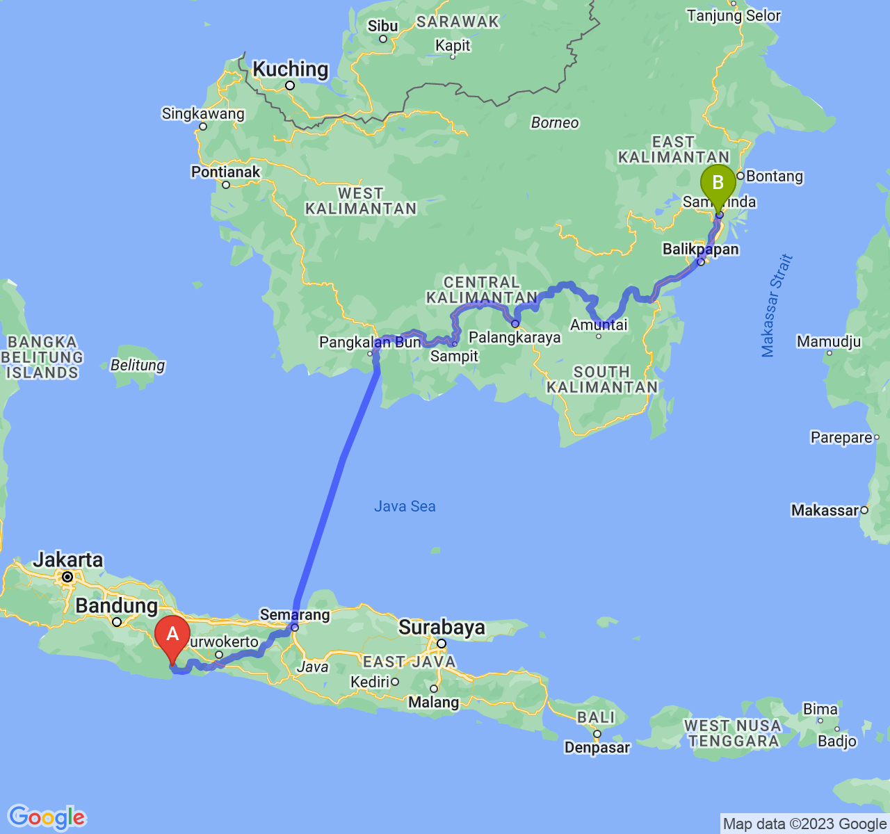 rute perjalanan Kab. Pangandaran-Kota Samarinda