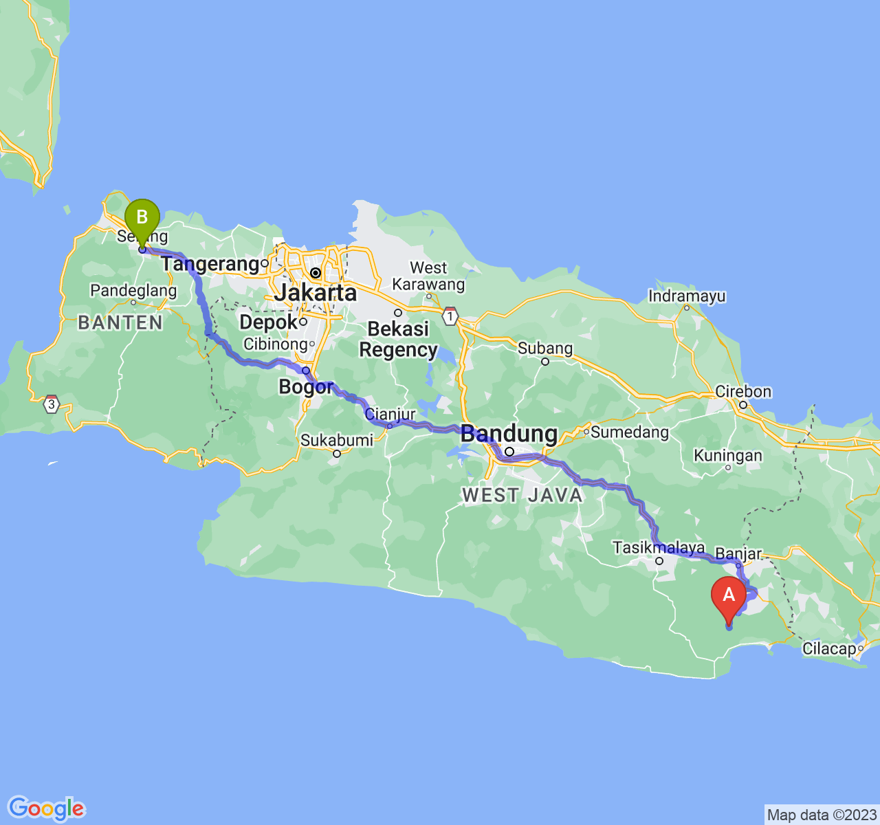 rute perjalanan Kab. Pangandaran-Kota Serang