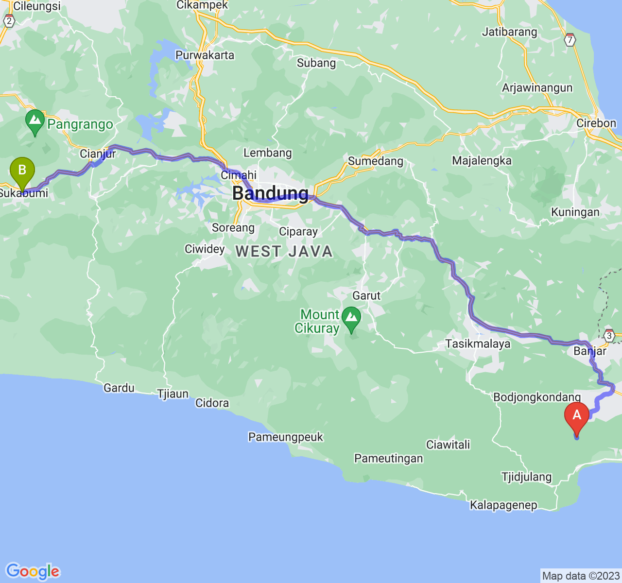 rute perjalanan Kab. Pangandaran-Kota Sukabumi