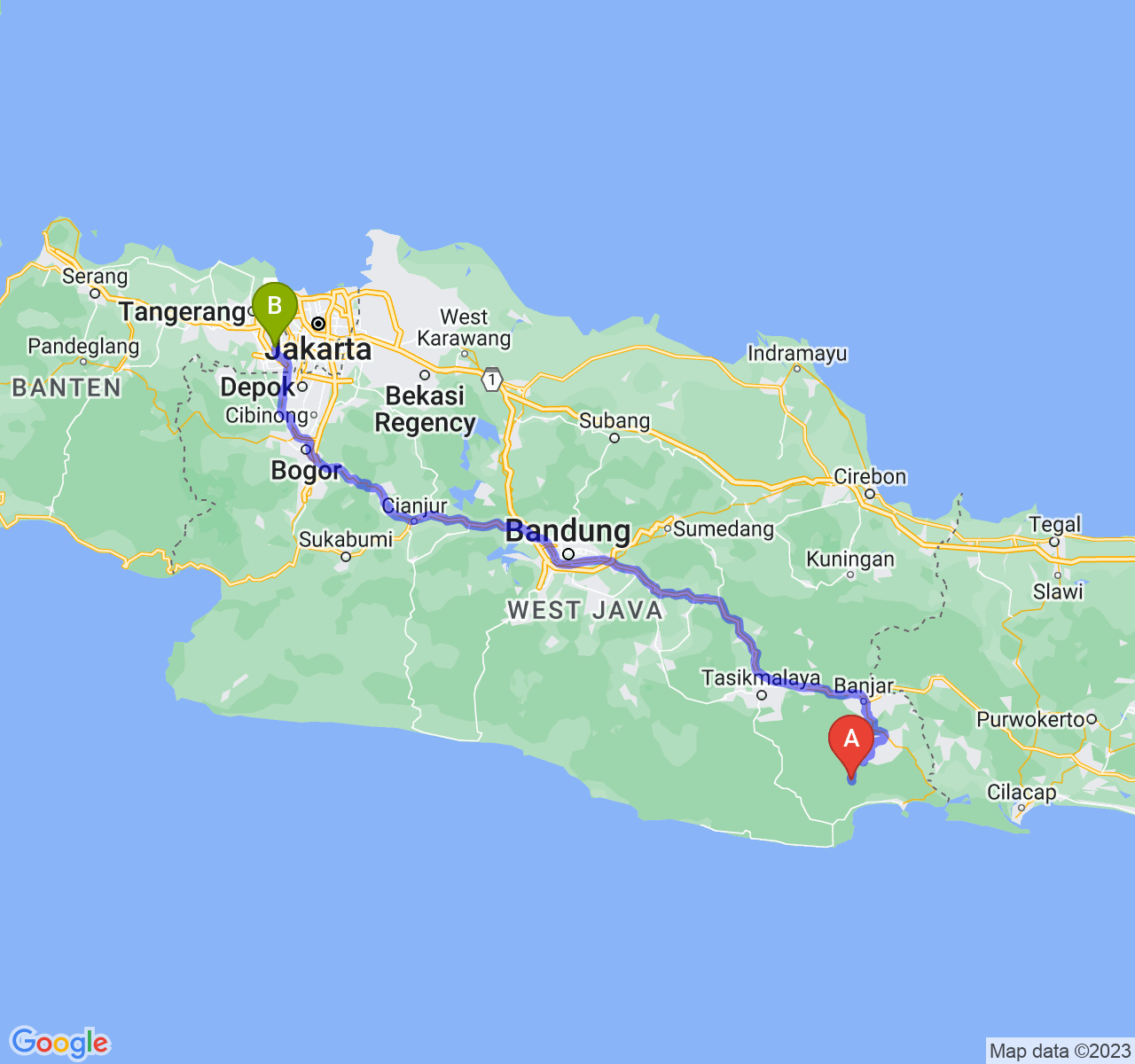 rute perjalanan Kab. Pangandaran-Kota Tangerang Selatan