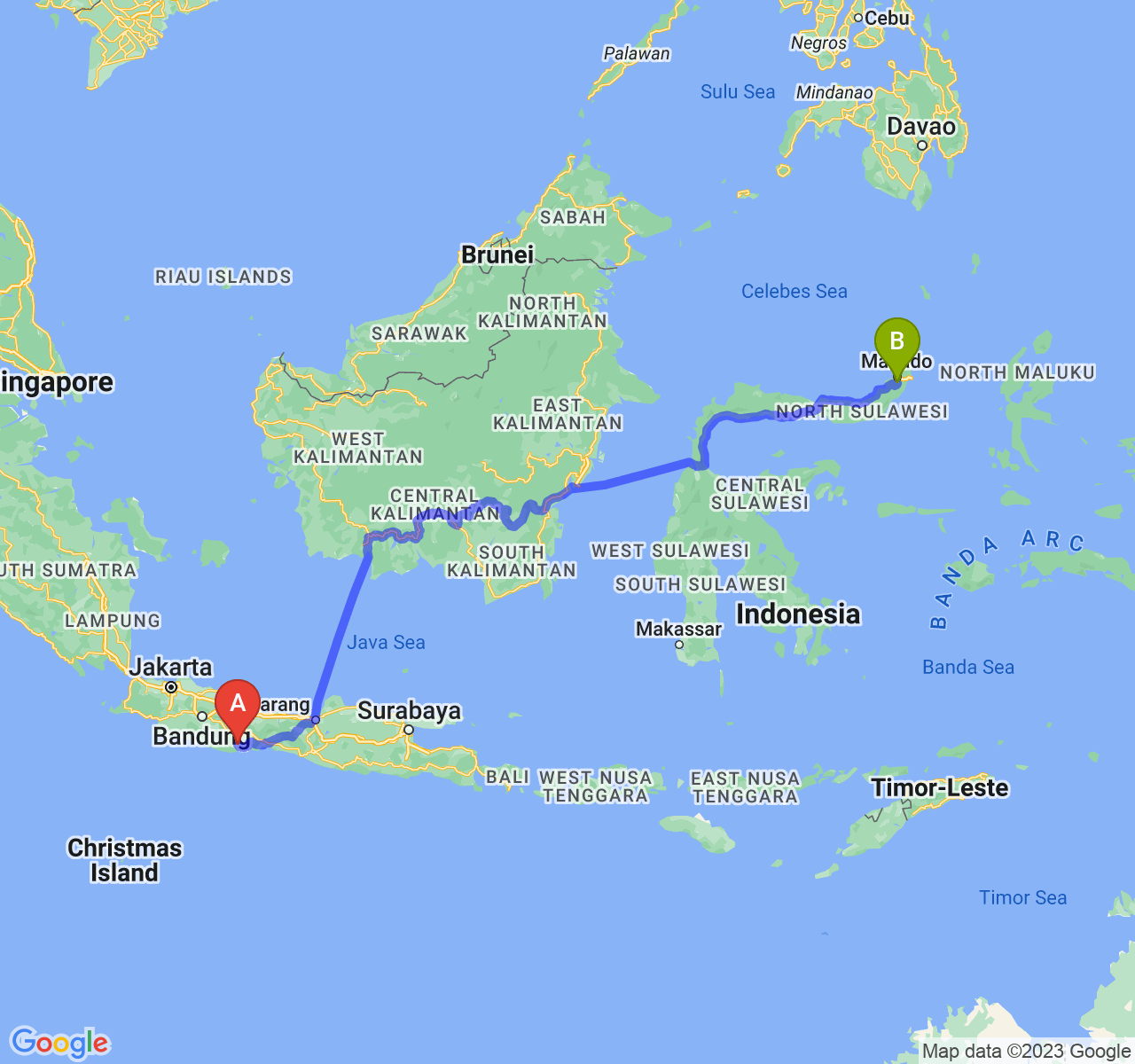 rute perjalanan Kab. Pangandaran-Kota Tomohon