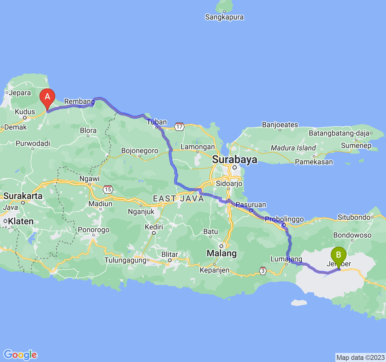 rute perjalanan Kab. Pati-Kab. Jember