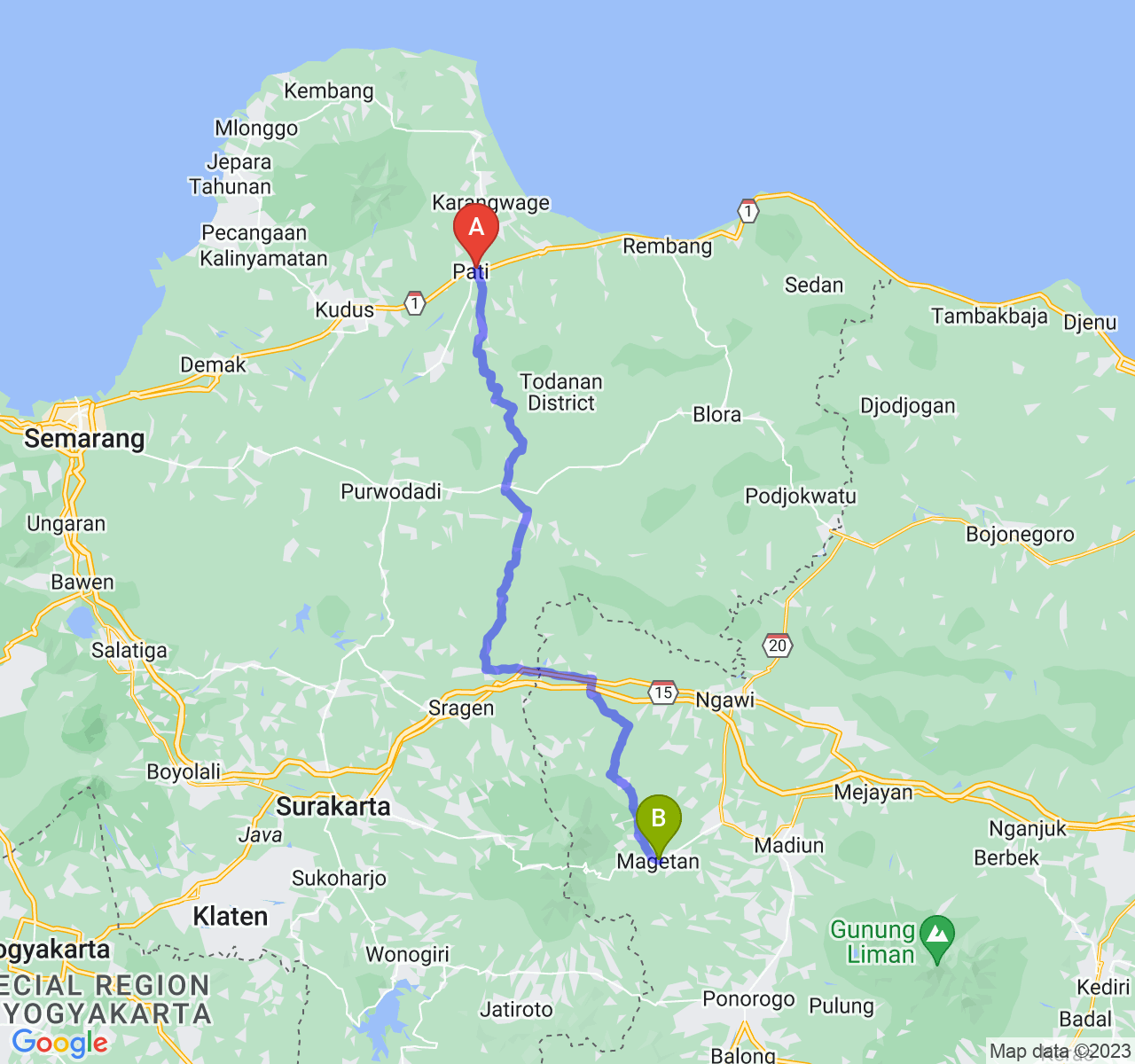 rute perjalanan Kab. Pati-Kab. Magetan