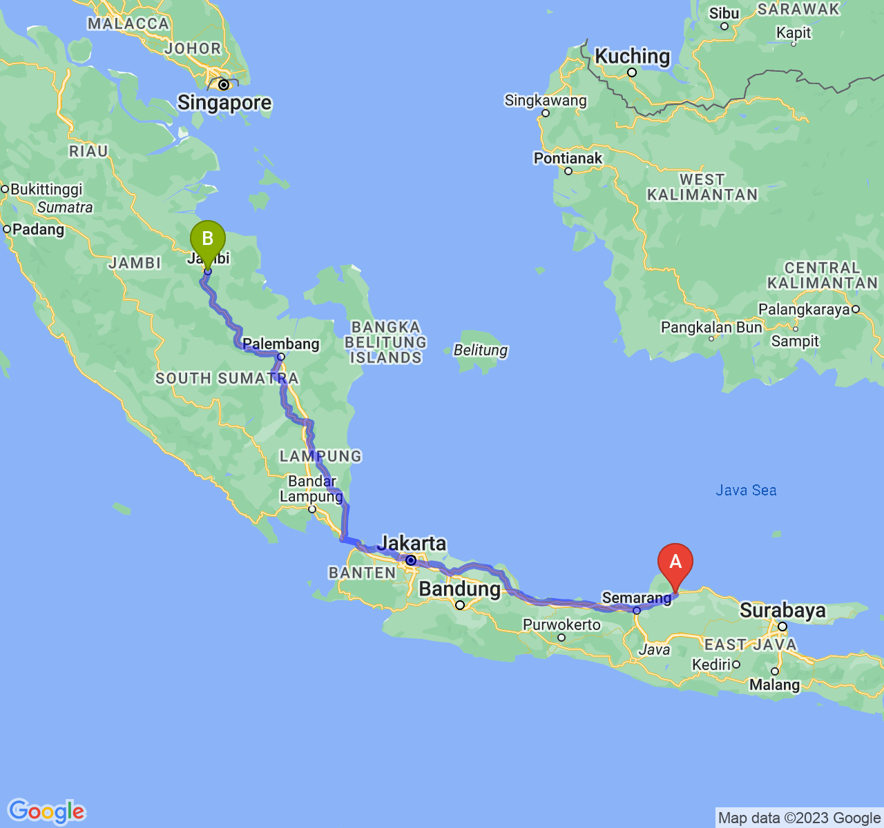 rute perjalanan Kab. Pati-Kota Jambi