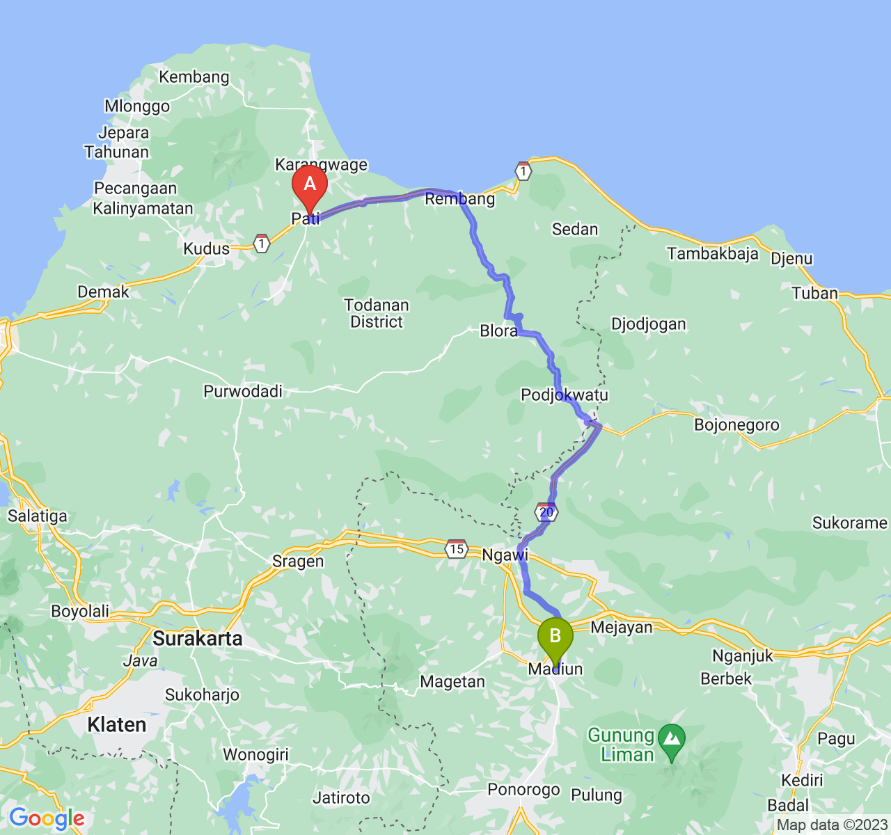 rute perjalanan Kab. Pati-Kota Madiun