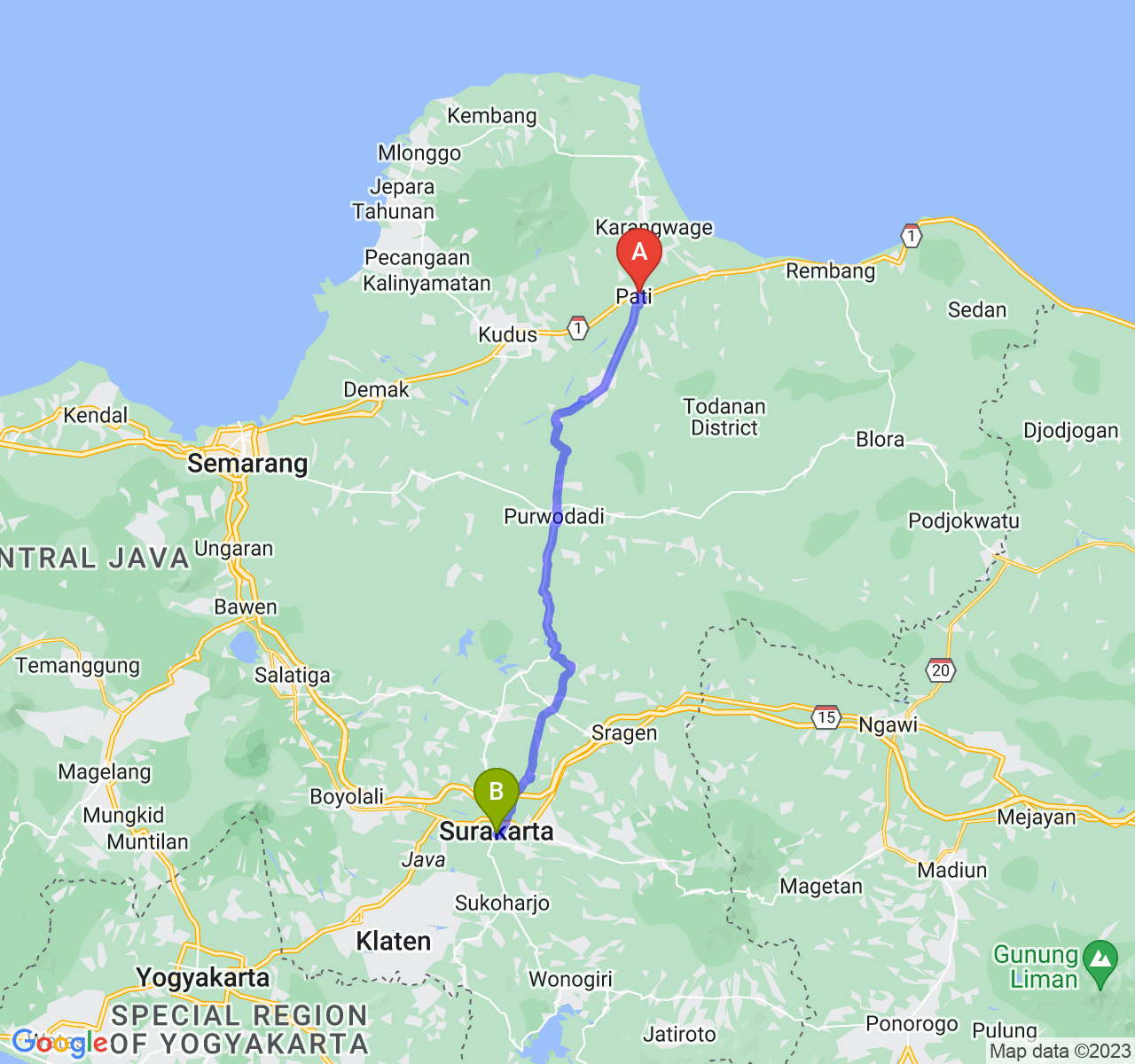 rute perjalanan Kab. Pati-Kota Surakarta