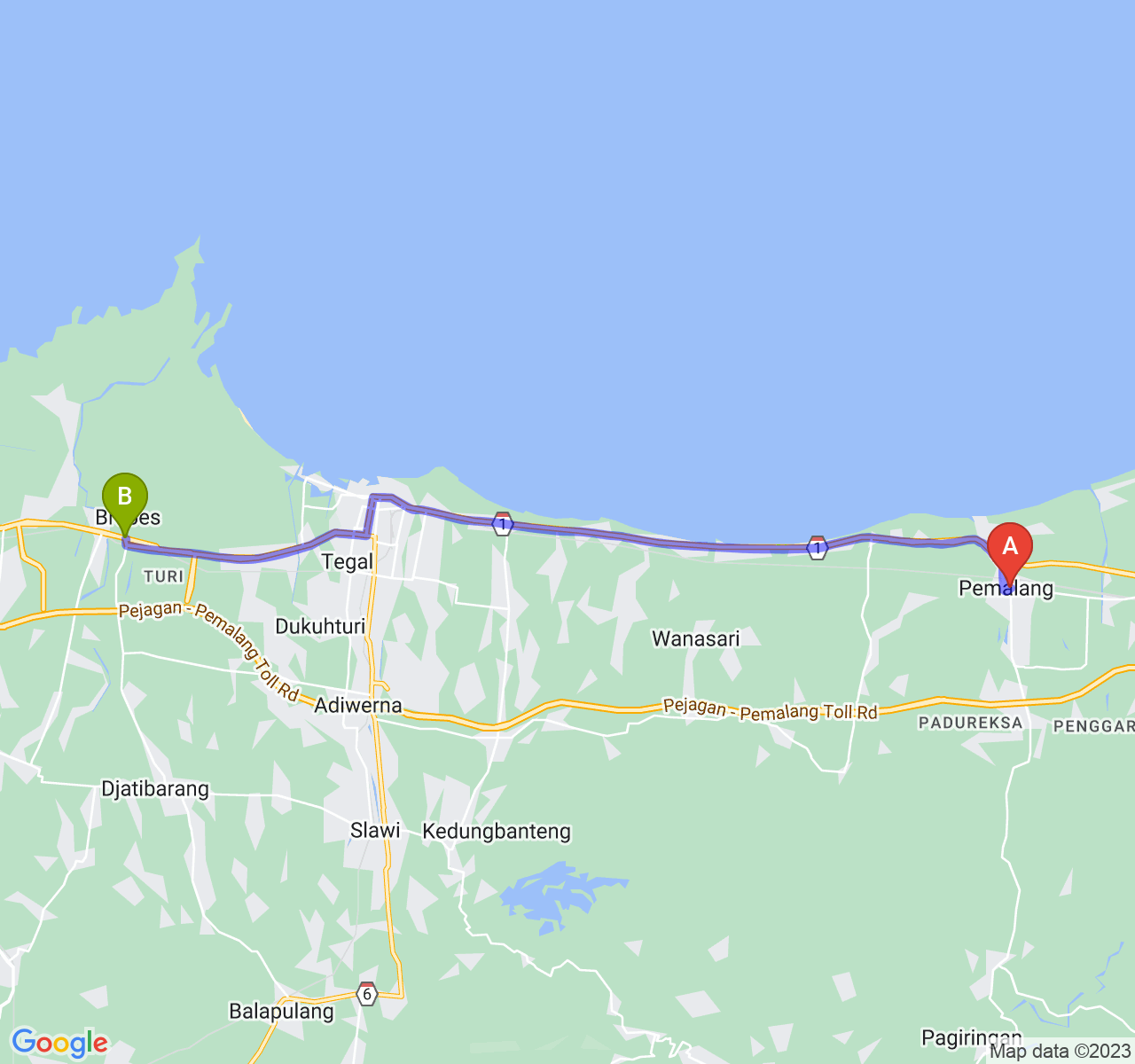 rute perjalanan Kab. Pemalang-Kab. Brebes