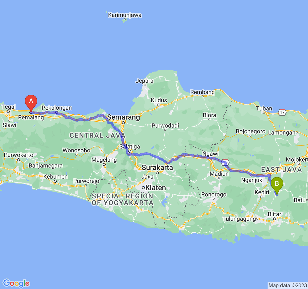 rute perjalanan Kab. Pemalang-Kab. Kediri