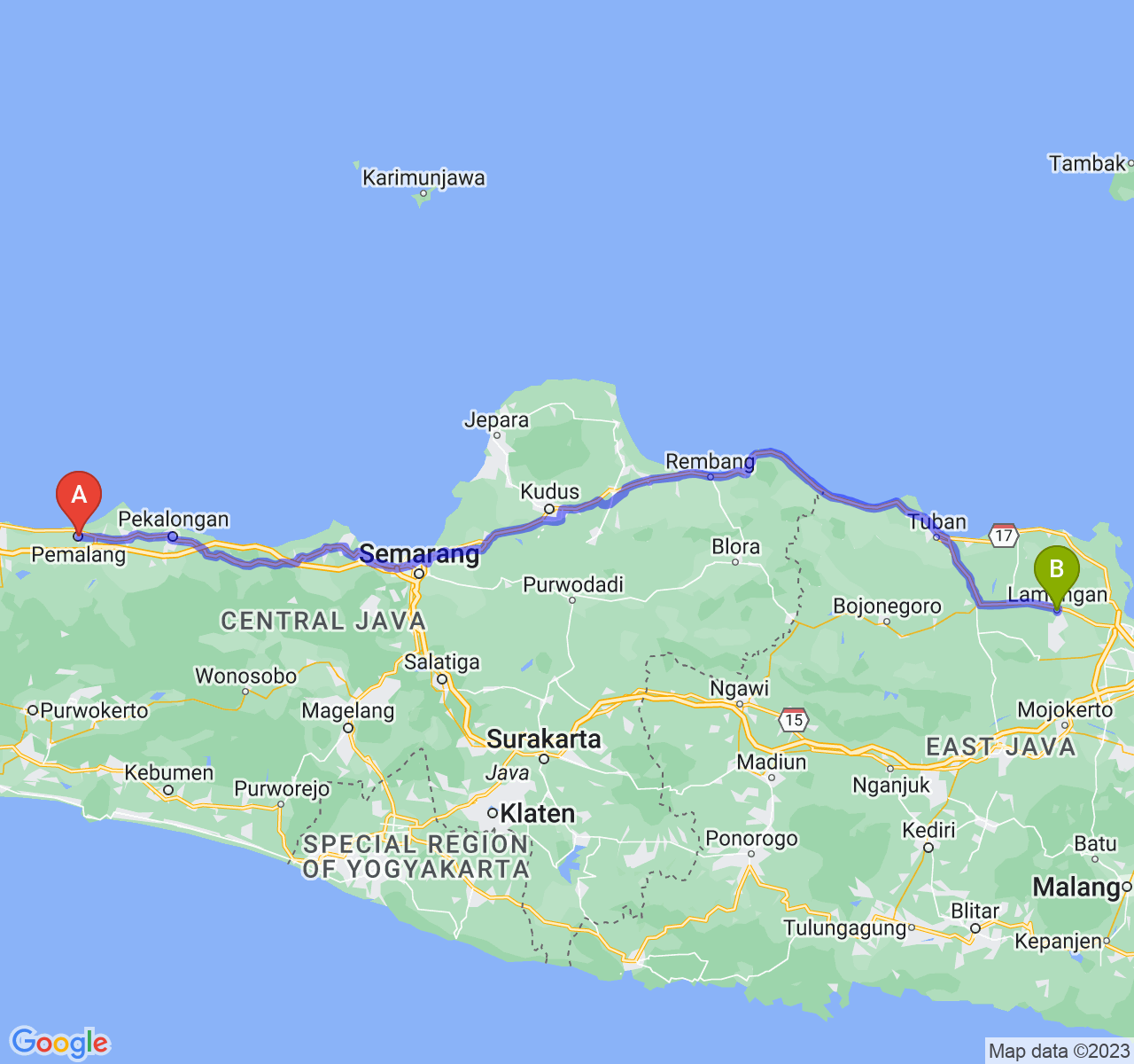 rute perjalanan Kab. Pemalang-Kab. Lamongan