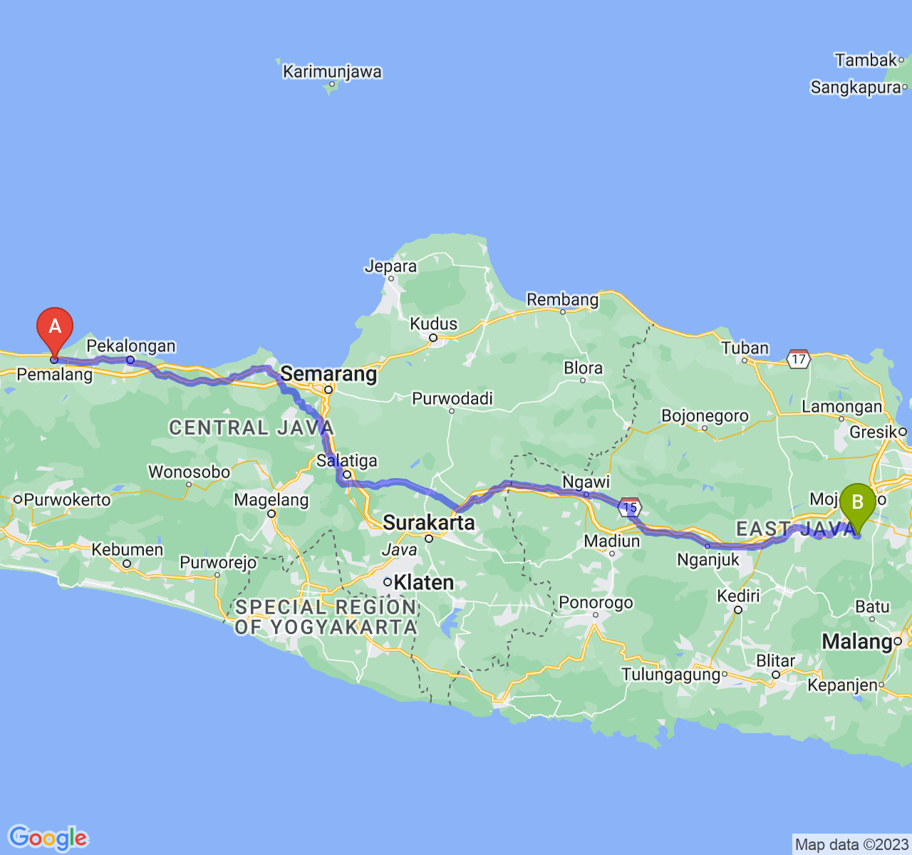 rute perjalanan Kab. Pemalang-Kab. Mojokerto