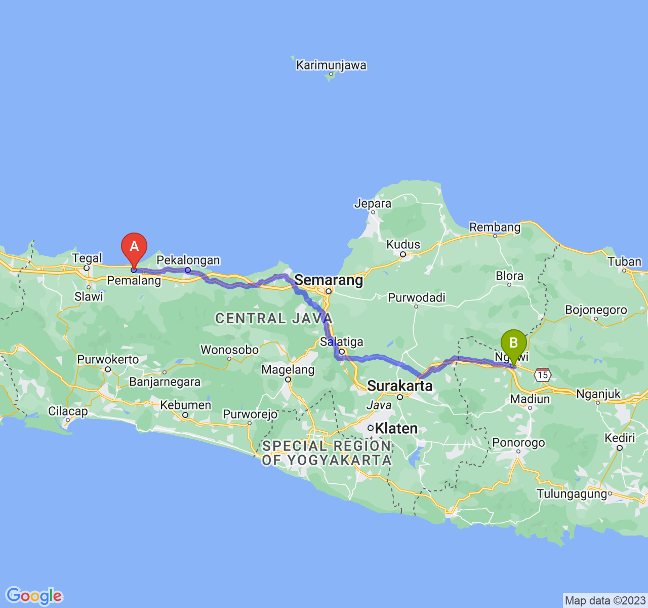 rute perjalanan Kab. Pemalang-Kab. Ngawi