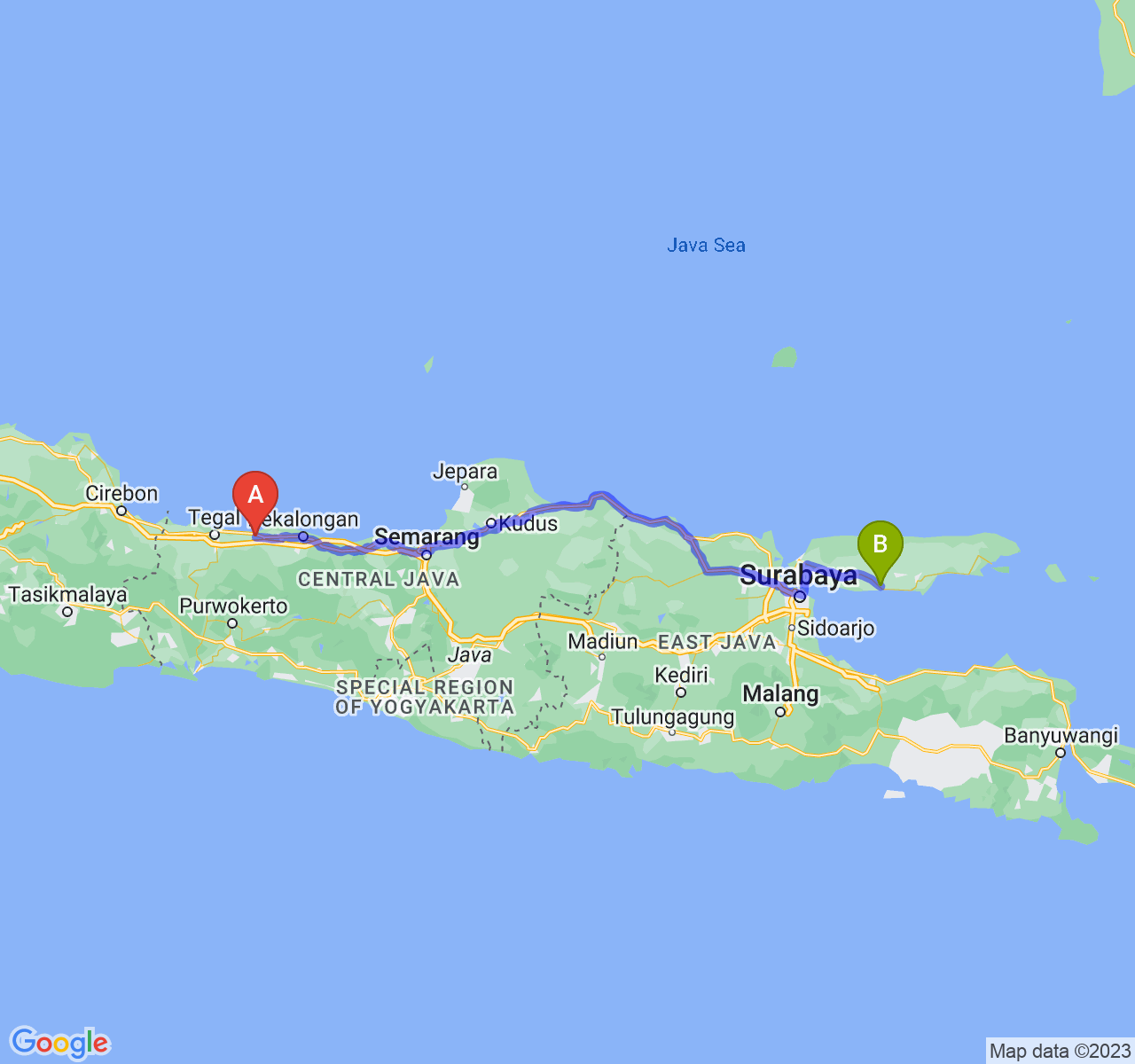 rute perjalanan Kab. Pemalang-Kab. Sampang